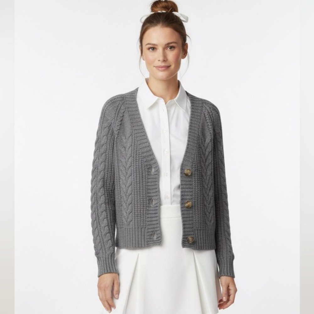 Mango Grey Cable Knit Cropped Cardigan Size Small